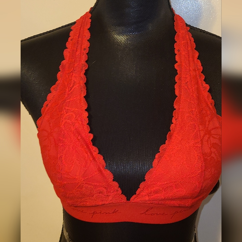 VS pink lace strappy back halter bralette